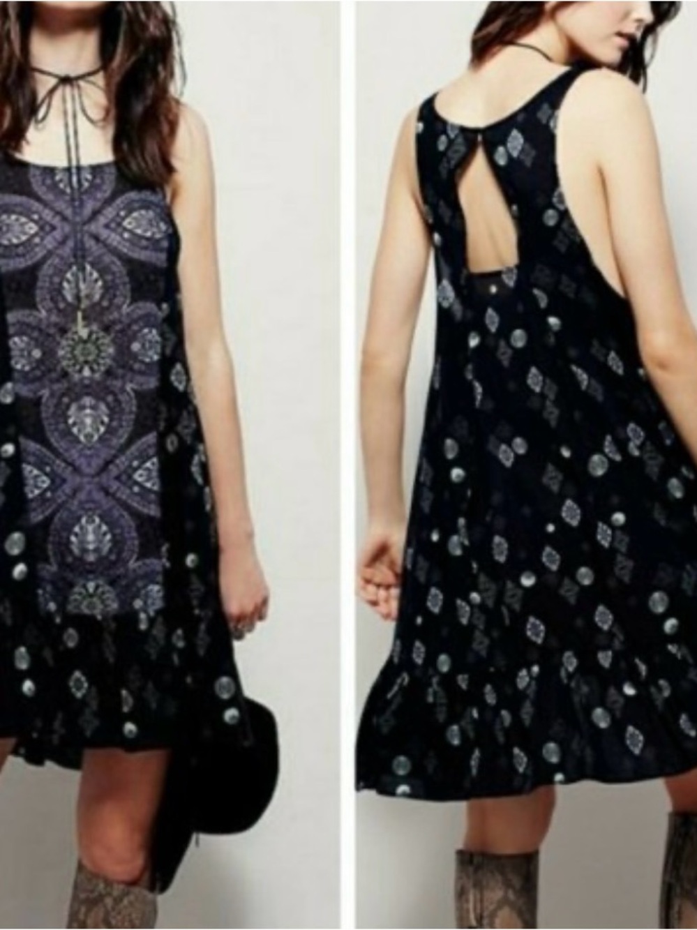 Free People Black & Purple Printed Tie-Back Swing Mini Dress